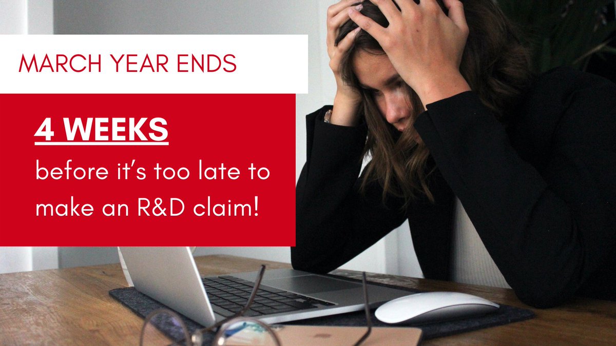 Have a client with a MARCH Year End?

They have JUST 4 WEEKS to make an R&amp;D claim.

Miss it, and they’ll lose their claim.

Don’t wait, act now.

#accountingandaccountants #uksmallbusiness #uktax