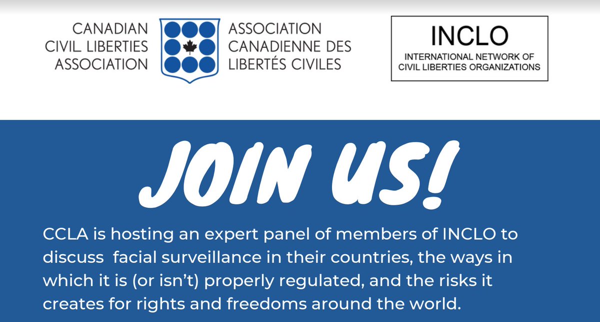 🚨Next Wednesday, March 8, get a global perspective of Facial Recognition Technology use and regulation with <a href="/cancivlib/">Canadian Civil Liberties Association</a> and <a href="/INCLOnet/">INCLO</a>.

Hear about lessons learned from experts in Canada, US, UK, Israel and Argentina.