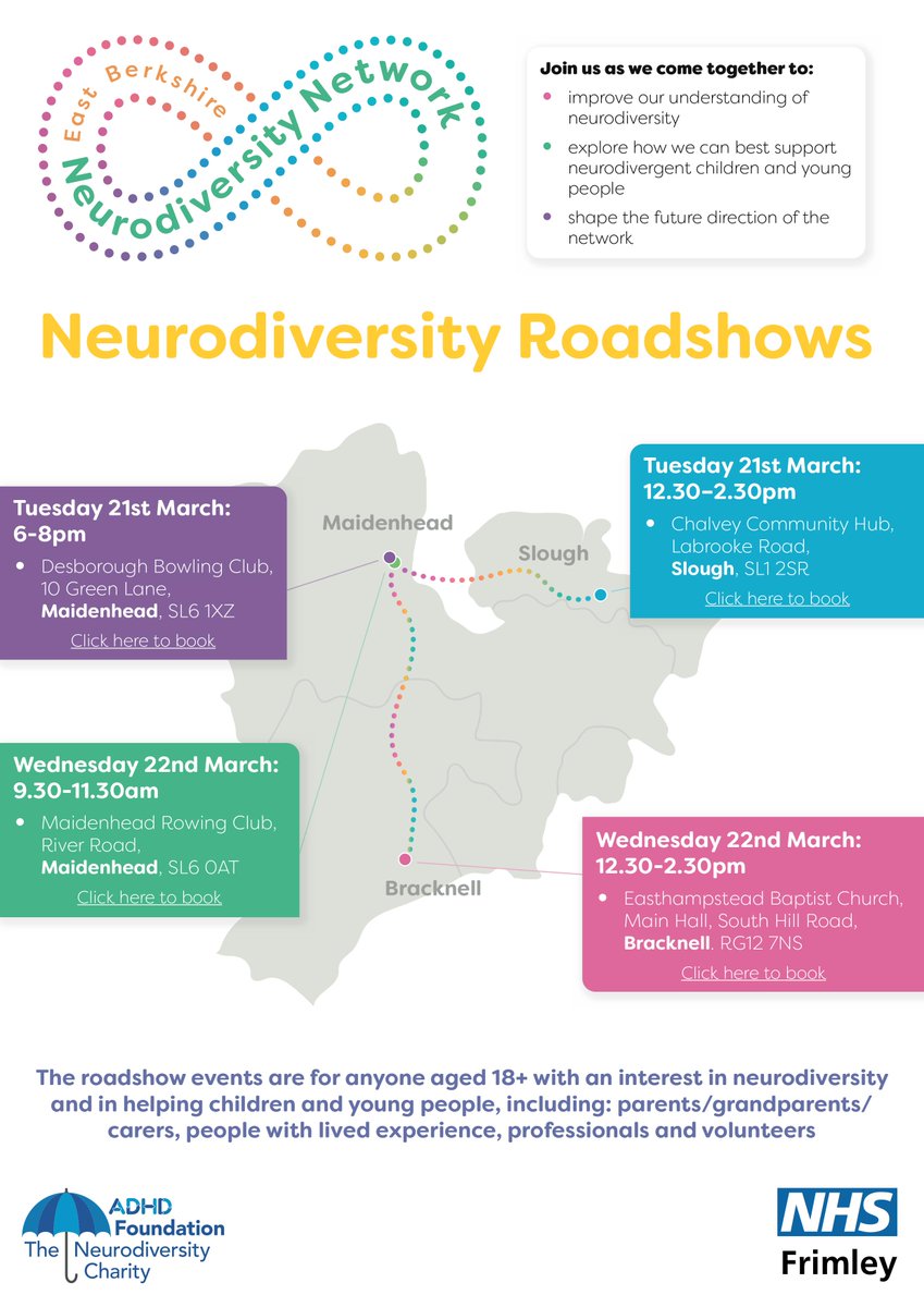 iasrbwm's tweet photo. In partnership with colleagues from the NHS, the ADHD Foundation – The Neurodiversity Charity are hosting a series of local Neurodiversity Roadshows The roadshows will aim to empower local stakeholders to come together  to help shape the future direction of the EBerks ND Network https://t.co/27c59lLIRN