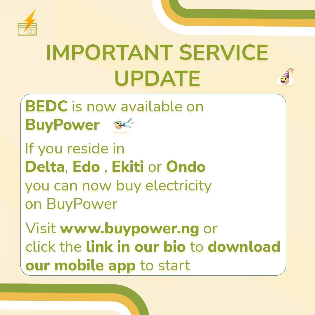buypowerng's tweet image. We&apos;re excited to announce that you can now buy electricity on BuyPower if you reside in Delta, Edo, Ekiti or Ondo💻📲

Visit buypower.ng or click the link in our bio to download our mobile app and start enjoying uninterrupted power supply today! ⚡ 

#BEDC #BuyPower