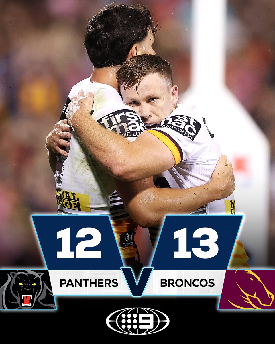NRLonNine's tweet photo. 🚨 UPSET ALERT! 🚨

The Broncos have ridden into Penrith and beaten the two-time defending Premiers in the first Round!! 🐎

#9WWOS #NRL https://t.co/P0PwMQugBP