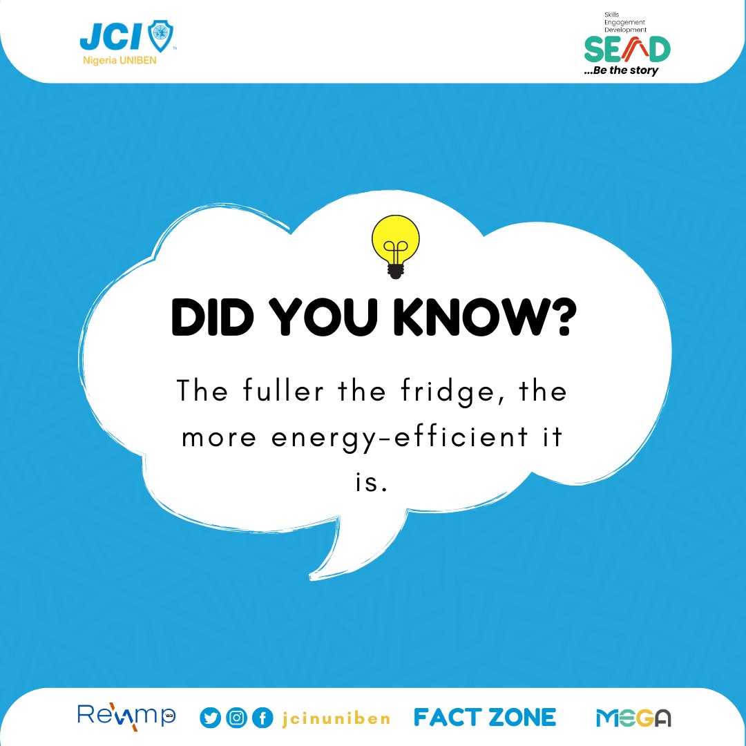 jci_uniben's tweet photo. It works like this: the more empty space, the more cold air is displaced by warm when you open the door, requiring the appliance to generate cool air to replace it.
If the fridge is packed, less cool air escapes and less energy is required to replenish it.
#FactZone https://t.co/WNxwlH7U56