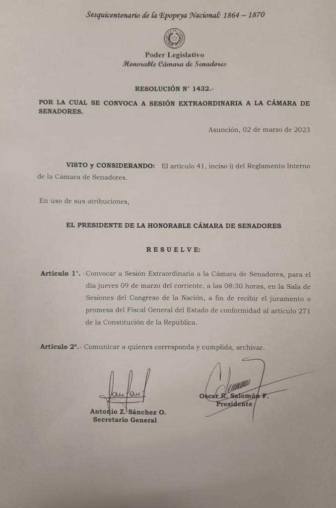 anibalemery's tweet photo. 📣📣 Juramento de nuevo Fiscal Gral. del Estado. Senadores convoca a sesión extraordinaria este 09 de marzo a las 08:30 horas para juramento de Emiliano Rolón quien asumirá el 10 de marzo. https://t.co/1Nw743gIBV