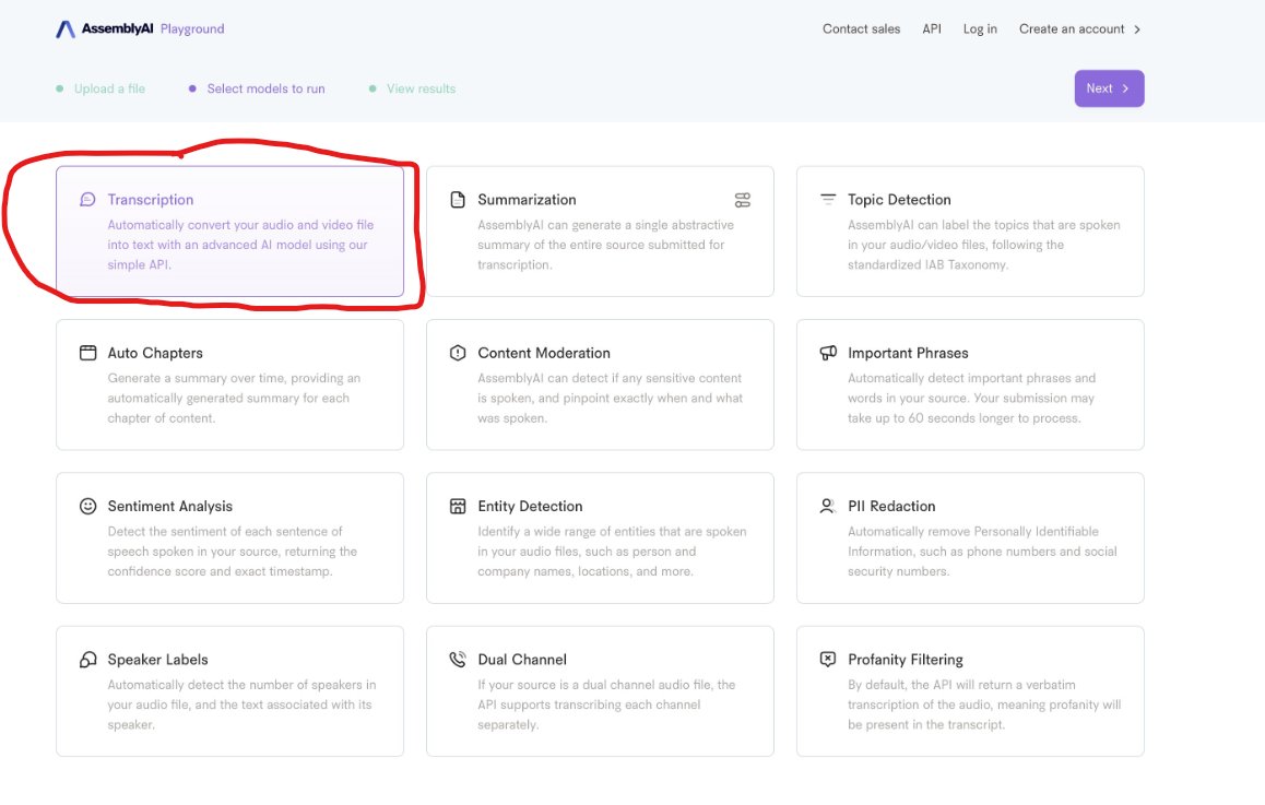 DCTJacks's tweet image. I recently came upon a fantastic YouTube transcription tool by
@AssemblyAI
  
1) Go to assemblyai.com/playground/sou… 
2) Paste Youtube link
3) Select Transcription
4) Transcript displayed
#youtubetranscript #Transcript