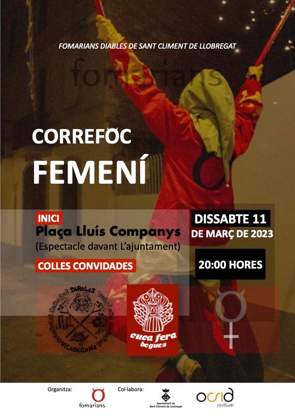 fomarians's tweet photo. CORREFOC FEMENÍ ✊🏼🔥🥁

Apunteu bé la data, el proper dissabte 11 de març organitzem un correfoc femení a Sant Climent de Llobregat. Comptarem amb la participació de les companyes de la Cucadera de Begues (@cucaferabegues_oficial ) i de Diables de Viladecans (@diablesdevila ) 🫱🏼‍🫲🏻 https://t.co/oTb9KKx9Ur