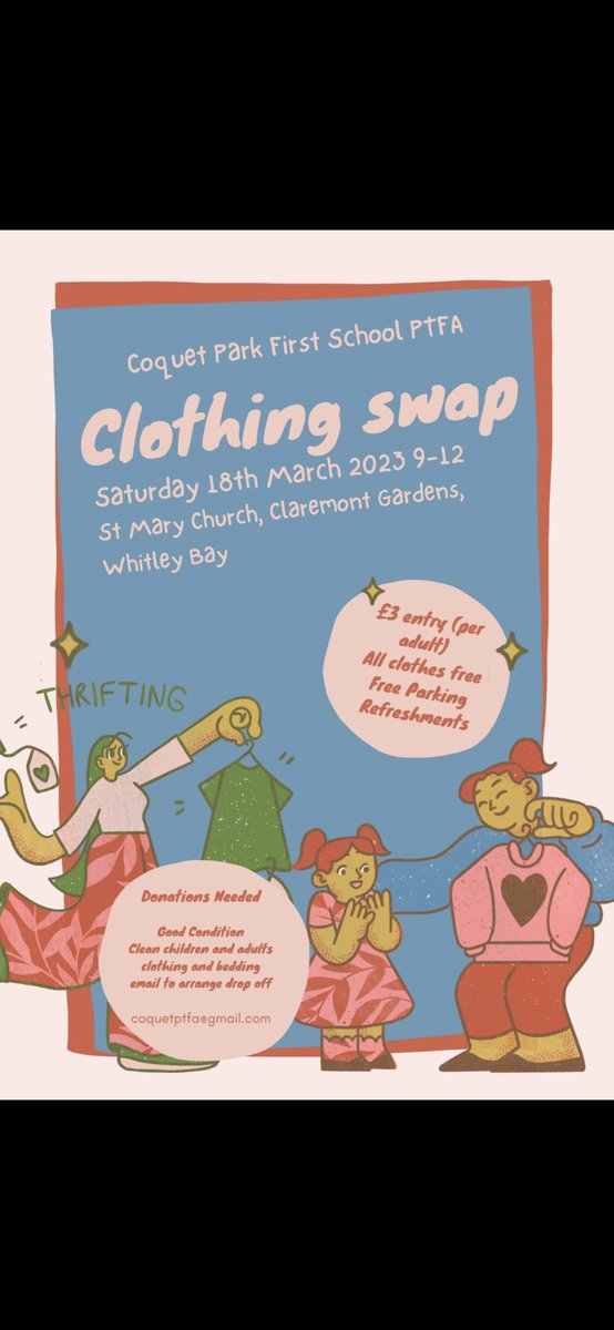 #clothesswap #whitleybay Come along to our clothes swap, Saturday 18th March 9-12, £3 entry everything free once inside! If you have any clothes to donate let us know and we can arrange drop off - coquetptfa@gmail.com kids/adults/bedding clean and in good condition #reuserecycle
