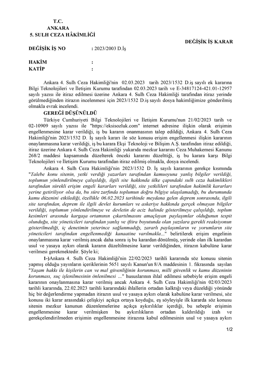 sozluk's tweet photo. dün gece, tarafımıza hiçbir bilgi verilmeksizin ankara 5. sulh ceza hakimliği tarafından, lehimize verilen itirazın kabulüne ilişkin kararın BTK’nın itirazı üzerine kaldırıldığını öğrendik. konuya ilişkin açıklamamıza ve karara buradan ulaşabilirsiniz:
#ekşisözlüksansürükalksın https://t.co/PmIRZLVY2G