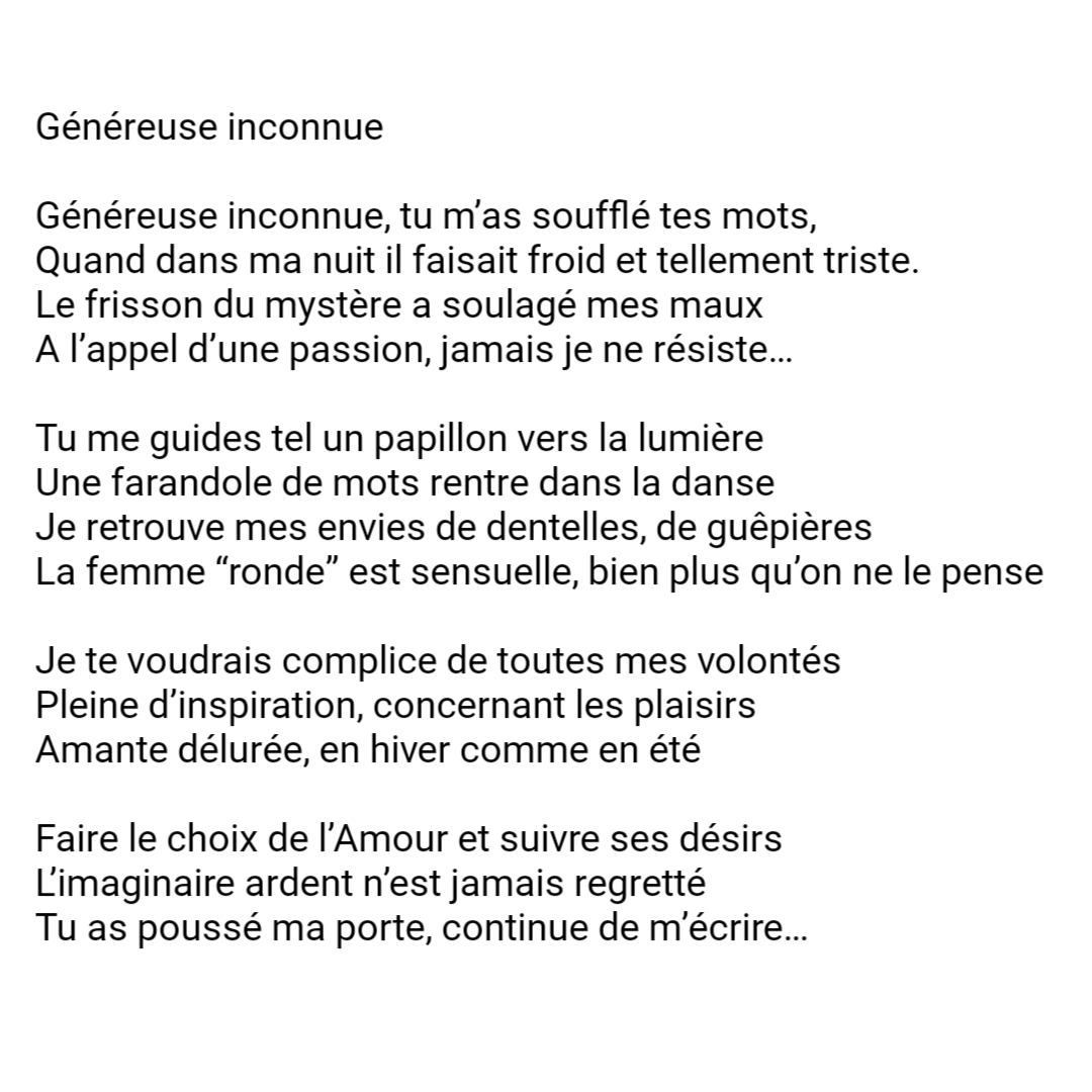 jerome_reissac's tweet photo. Généreuse inconnue
Généreuse inconnue, tu m’as soufflé tes mots,
Quand dans ma nuit il faisait froid et tellement triste.
Le frisson du mystère a soulagé mes maux
A l’appel d’une passion,
#Butiner #ombres #sonnet #goguette #jérômereissac #correspondance #flirt https://t.co/MJQDGGOh12