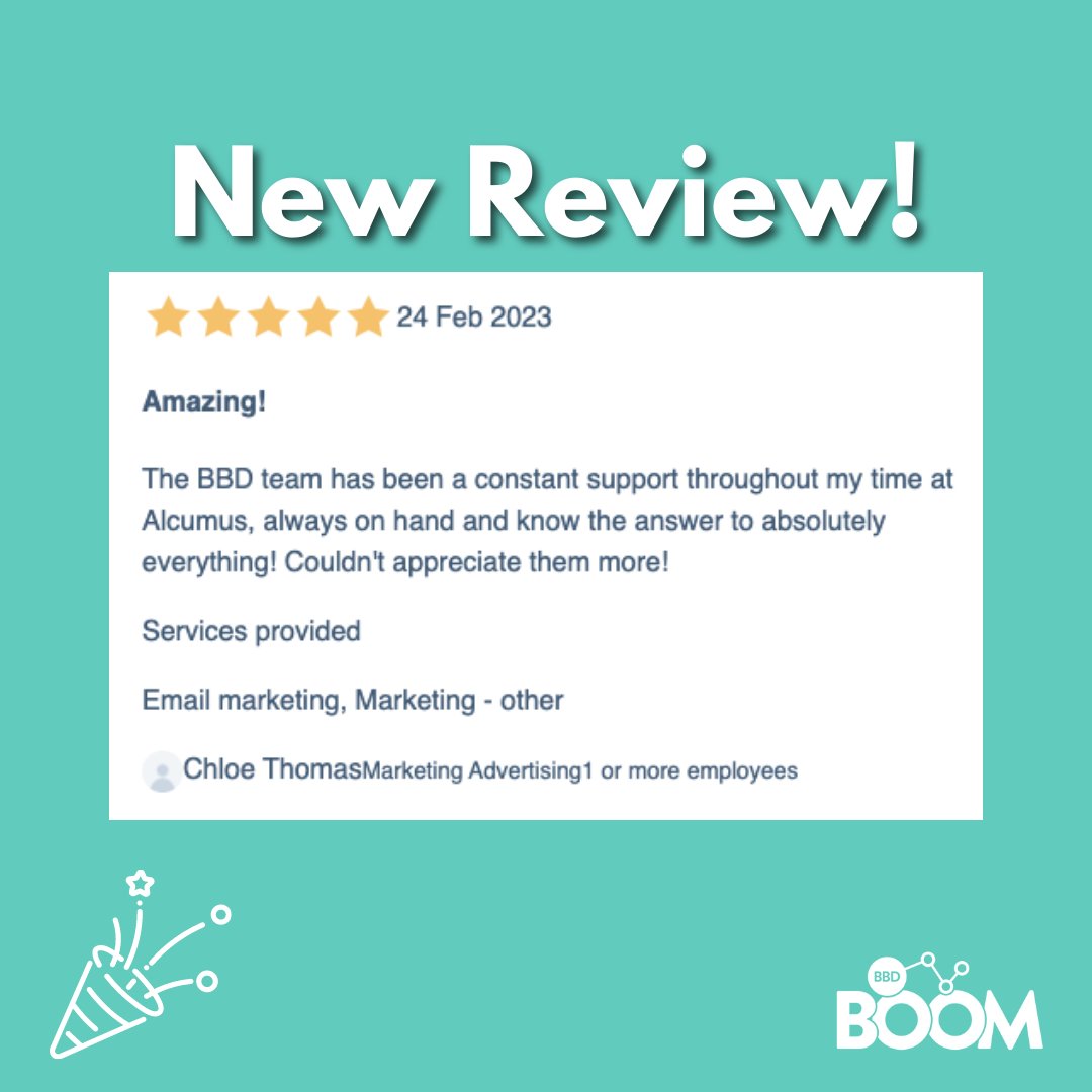BbdBoom's tweet image. Another 5 star review!🎊

Thank you for this wonderful review. We have absolutely loved working on your marketing and supporting your needs. We very much look forward to the future. 

#Marketing #DelightedClient #Partner #GreatReview #CustomerExperience