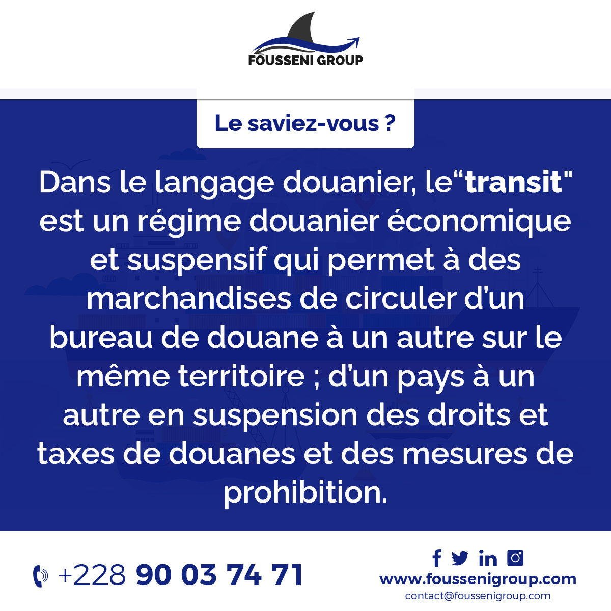 FousseniGroup's tweet photo. 💡 Le saviez-vous ?

Dans le langage douanier, le “#transit" est un régime douanier économique et suspensif qui permet à des marchandises de circuler d’un bureau de douane à un autre sur le même territoire ; 

1/2

#shipping #customclearance https://t.co/TWKz7Uzlyk