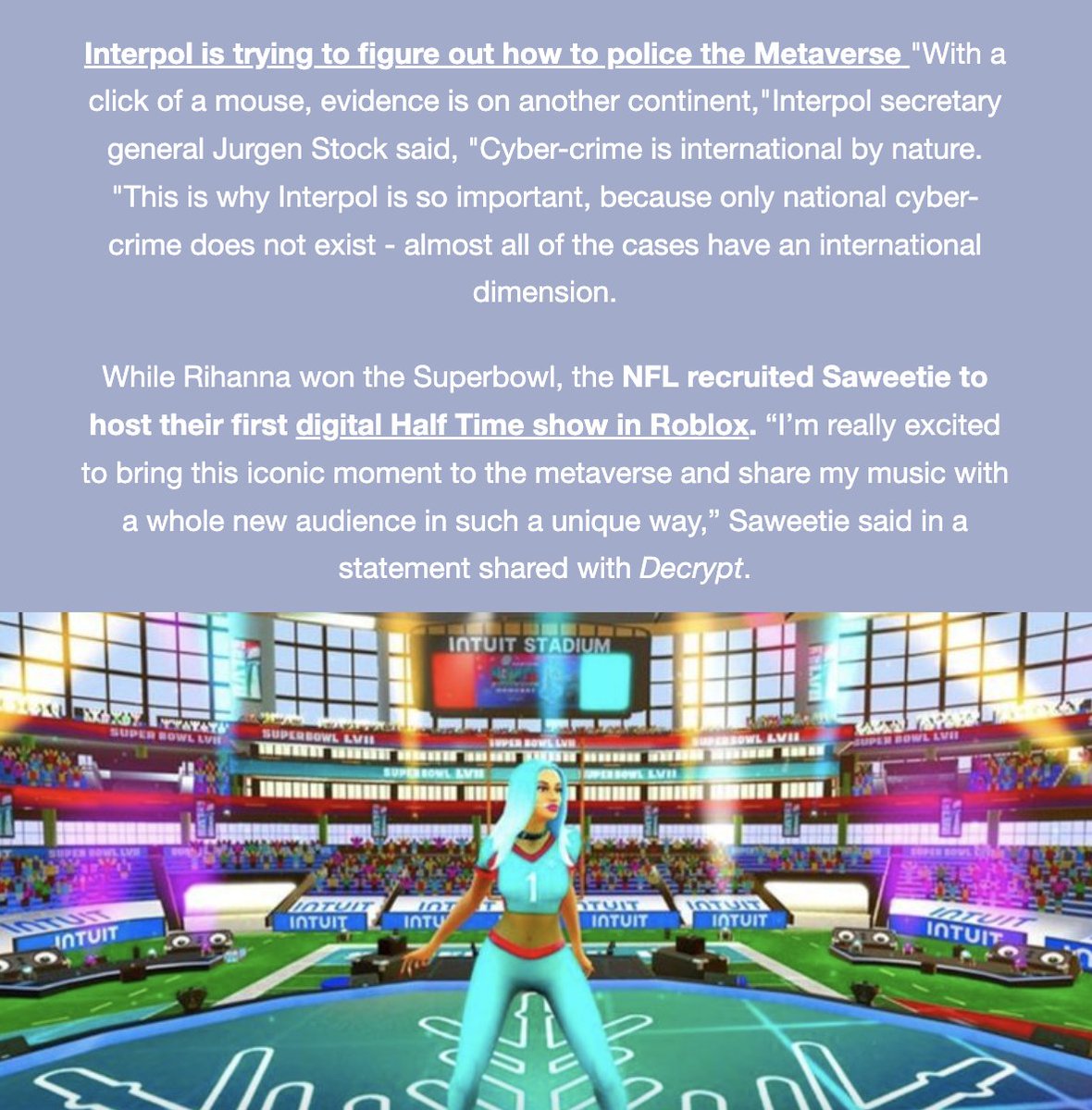 Our newsletter captures <a href="/PHILANTHROP3_/">PHILANTHROP3</a>'s latest articles plus top news in the Web3 world... Did you know that Interpol is try to figure out how to police to Metaverse and the NFL hosted a Half Time show in Roblox?
Subscribe today: philanthrop3.com/subscribe-to-n…