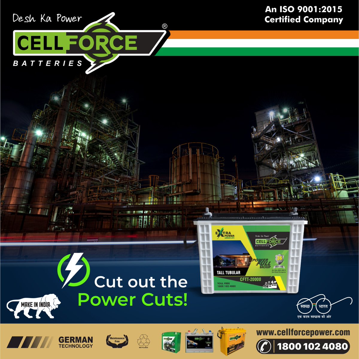 cellforce_p's tweet photo. Avoid the Power Cuts for your Industry's Power!

Install the CellForce Power Industrial Battery today at your workplace and experience uninterrupted power supply.

Visit your nearest CellForce Power Authorised Dealer now.

#cellforcepower #deshkapower #batterymanufacturers https://t.co/EMI8TNvdor