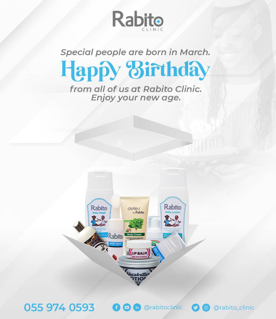 Happy Birthday to all our cherished customers born in March. Celebrate your new age by walking into any Rabito branch nationwide for your annual medical check up.

#BecauseWeCare

[ Stonebwoy Media General Eiii Mendy ]