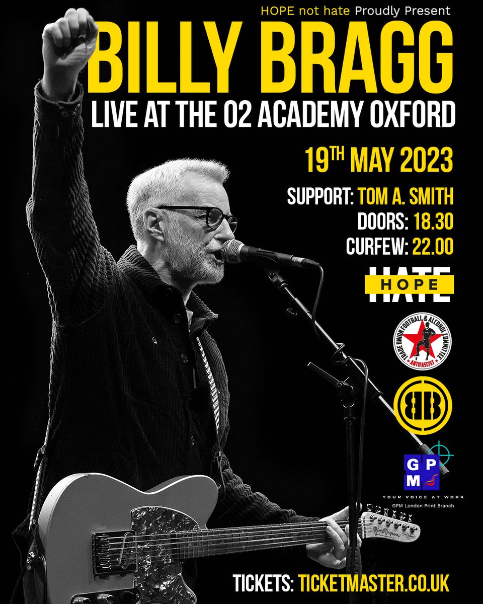 billybragg's tweet image. For nearly 20 years, @HOPEnothate have been in the front line combatting racism and fascism in the UK, and I’m proud to help raise funds so they can continue their important work. 

Tickets on general sale 11am Sunday 5th March: ticketmaster.co.uk/event/3E005E5C…
Support: @tomasmithmusic