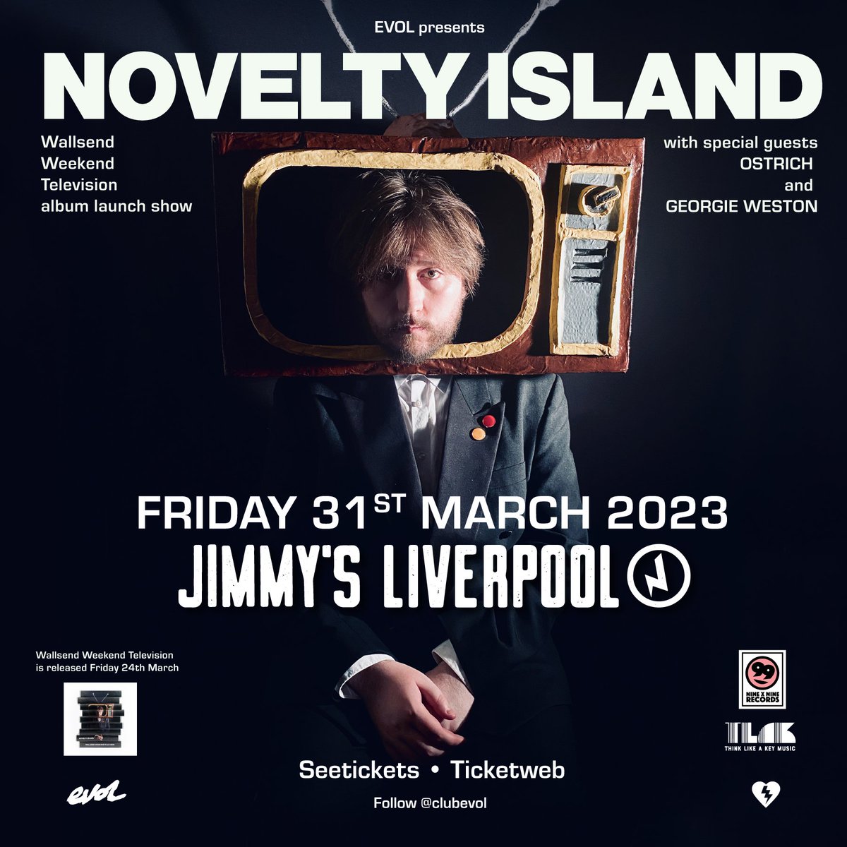 ClubEVOL's tweet photo. ***VENUE CHANGE***
Little bit of admin this morning. @_noveltyisland's album launch show w/ guests @Ostrichtheband &amp; @georgiewestonuk is moving to @JimmysLiverpool from @DistrictLpool. The date remains Friday March 31st. Tickets remain valid. Tickets: https://t.co/Mw3JEXNIms https://t.co/92eg82PCpw