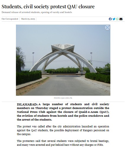 ProgStudentsFed's tweet photo. Press coverage of our joint protest with various student councils yesterday 3pm at Islamabad Press Club to demand the immediate de-militirization of QAU, release of arrested students and restoration of hostel facilities for all students.
#SaveQau #SayNoToMilitiraztion https://t.co/0FX5ieKEtH