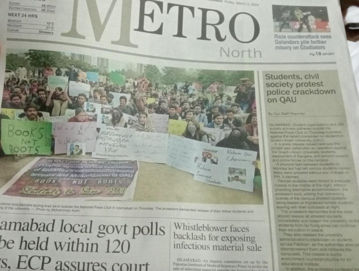 ProgStudentsFed's tweet photo. Press coverage of our joint protest with various student councils yesterday 3pm at Islamabad Press Club to demand the immediate de-militirization of QAU, release of arrested students and restoration of hostel facilities for all students.
#SaveQau #SayNoToMilitiraztion https://t.co/0FX5ieKEtH