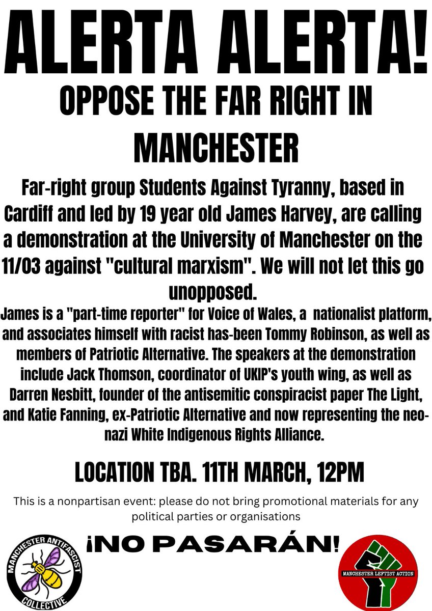 MAFC161's tweet photo. ALERTA! ALERTA!

On the 11th March the far right are coming to Manchester. We will be there to oppose them - save the date!

Meet @ 12pm. Location TBA.

Wear nondescript clothes &amp; travel with others. 

¡No parasán!🏴 https://t.co/lyQVwFgRrv