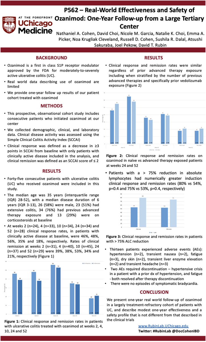 IBDMD's tweet photo. How do our new therapies for #IBD stand up in the real world?
Multiple @UChicagoIBD posters today at #ECCO23.
▶️ upadacitinib in #UC and in #CD
▶️ ozanimod 1 year follow-up in #UC
@ScottRFriedberg @DocCohenIBD #RubinLab https://t.co/J1oniap8ds