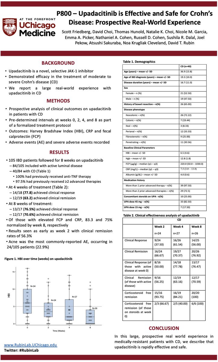 IBDMD's tweet photo. How do our new therapies for #IBD stand up in the real world?
Multiple @UChicagoIBD posters today at #ECCO23.
▶️ upadacitinib in #UC and in #CD
▶️ ozanimod 1 year follow-up in #UC
@ScottRFriedberg @DocCohenIBD #RubinLab https://t.co/J1oniap8ds