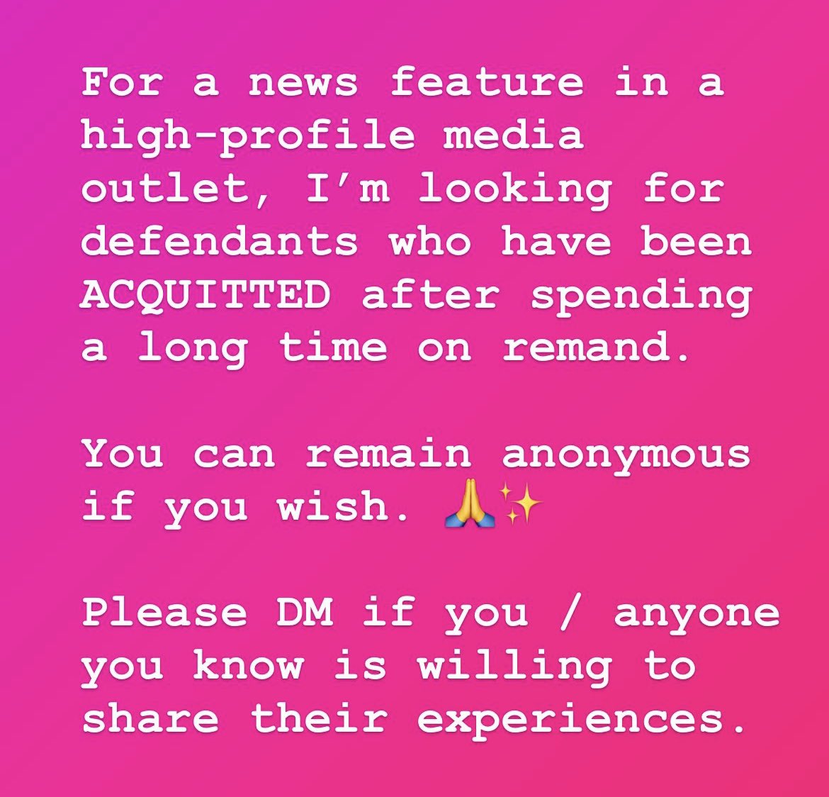 For a supportive news feature, I’m looking for people who have been acquitted after spending a long time on remand. 🧡

Please DM if you can help. 🙏