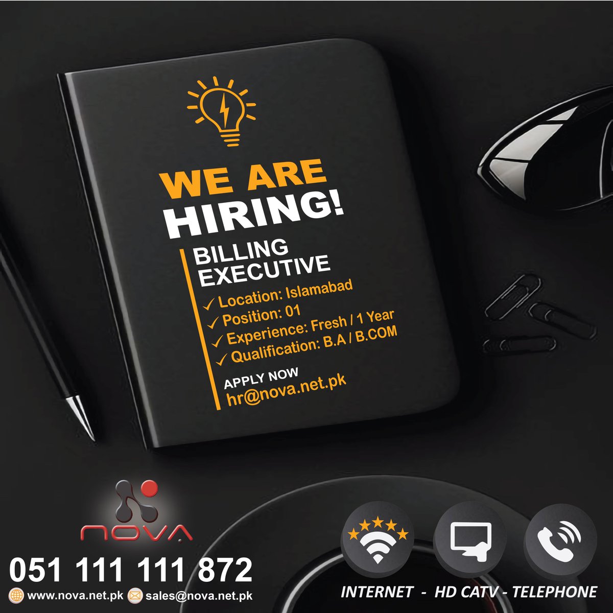 NovacomPK's tweet photo. A leading company with Countrywide operations, is offering career position for Islamabad region.
#novacommunications #islamabadjobs #billingjob #billingexecutivejob https://t.co/MZMIStrCpU