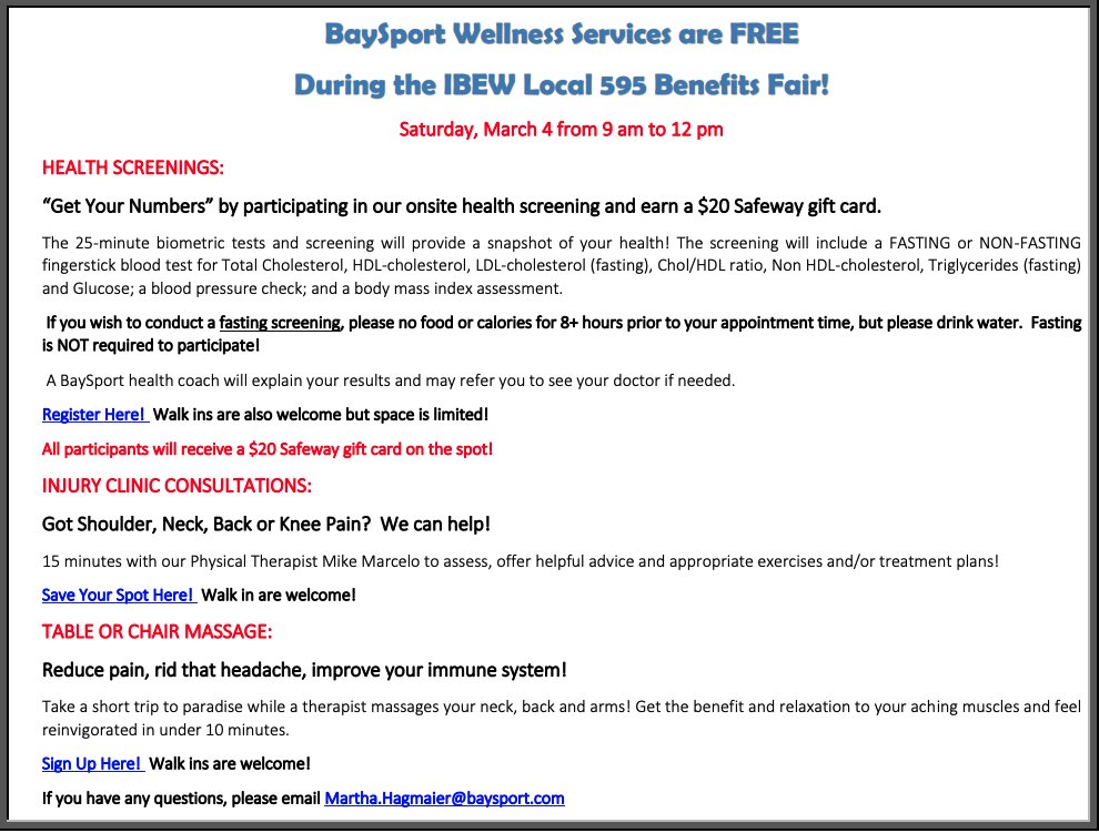 IMPORTANT REMINDER: YOUR ANNUAL HEALTH &amp; WELFARE AND PENSION BENEFITS FAIR WILL BE HELD:

Saturday, March 4, 2023, 9:00AM – 12:00PM at the Alameda County Electrical JATC Zero Net Energy Center
14600 Catalina St. , San Leandro, CA 94577

ACTIVE/ RETIRED MEMBERS &amp; SPOUSES WELCOME!