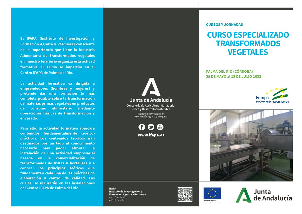 IfapaBioactivos's tweet photo. 🗣️NUEVA EDICIÓN DEL CURSO ESPECIALIZADO DE TRANSFORMADOS VEGETALES

✏️El Curso es de 70 Horas lectivas distribuidas en 14 sesiones

📅Fechas de realización: Todos los martes y Jueves del 25/05/23 al 12/07/23.

🏫Palma del Río (Córdoba)

@IfapaJunta @AgriculturAnd #IFAPAforma https://t.co/63l4kAv65g