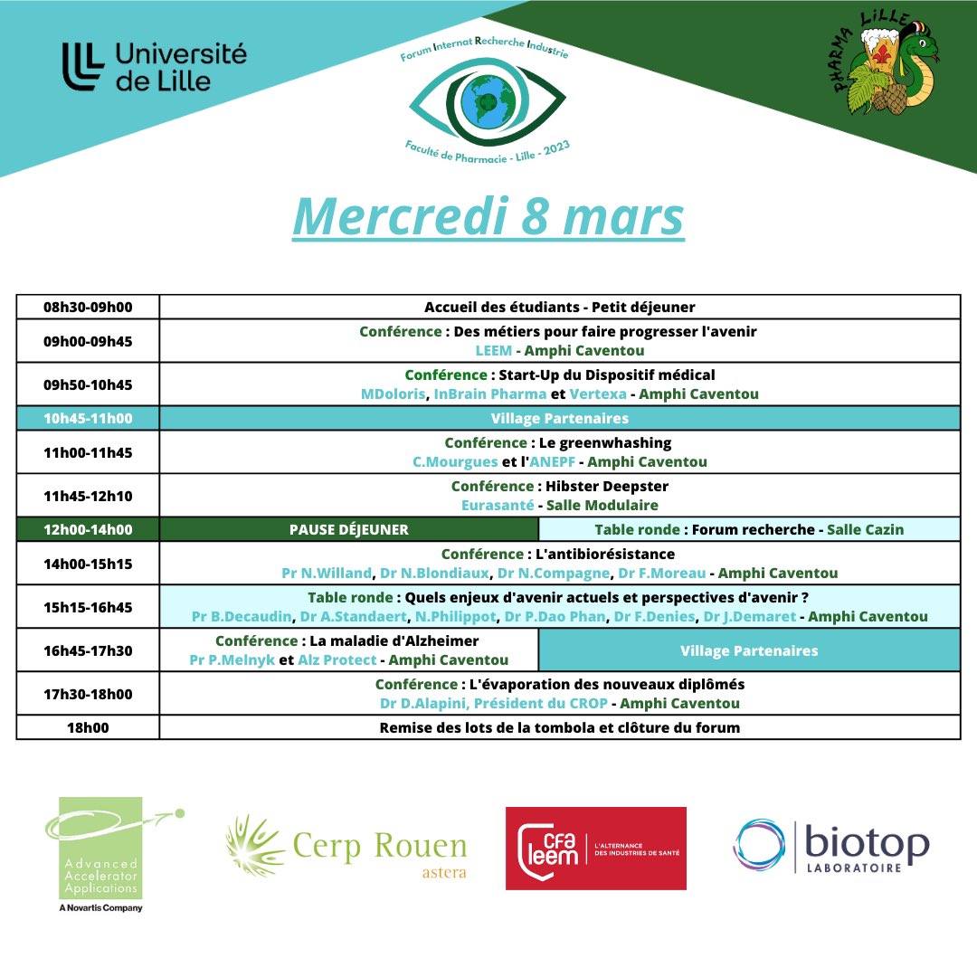 Pharma_Lille's tweet photo. [FORUM INTERNAT RECHERCHE INDUSTRIE]

Aujourd’hui nous vous dévoilons le planning du forum qui se déroulera le mardi 7 et mercredi 8 mars

Cette année, le forum a pour thématique : Recherche et Développement Durable : Quels enjeux pour les industries, l’hôpital et la biologie 🌱 https://t.co/oyh1wbMP5i