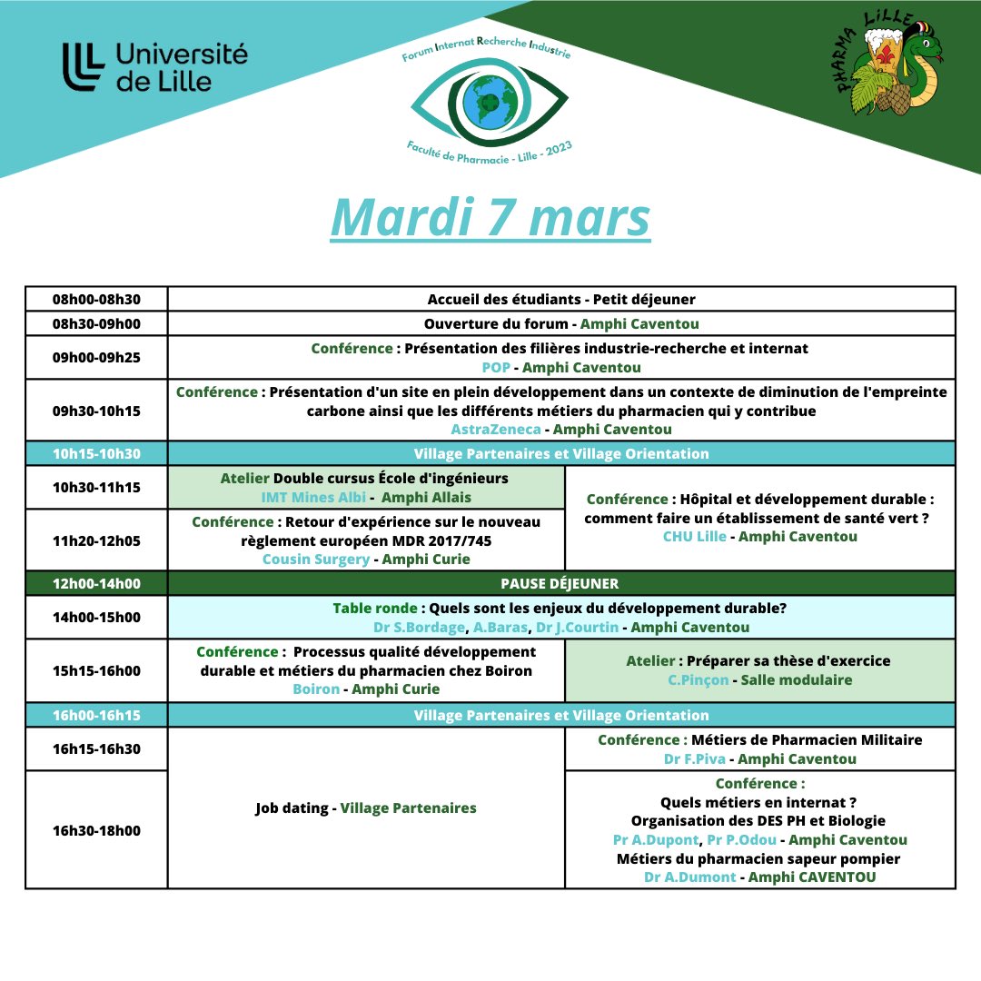 Pharma_Lille's tweet photo. [FORUM INTERNAT RECHERCHE INDUSTRIE]

Aujourd’hui nous vous dévoilons le planning du forum qui se déroulera le mardi 7 et mercredi 8 mars

Cette année, le forum a pour thématique : Recherche et Développement Durable : Quels enjeux pour les industries, l’hôpital et la biologie 🌱 https://t.co/oyh1wbMP5i