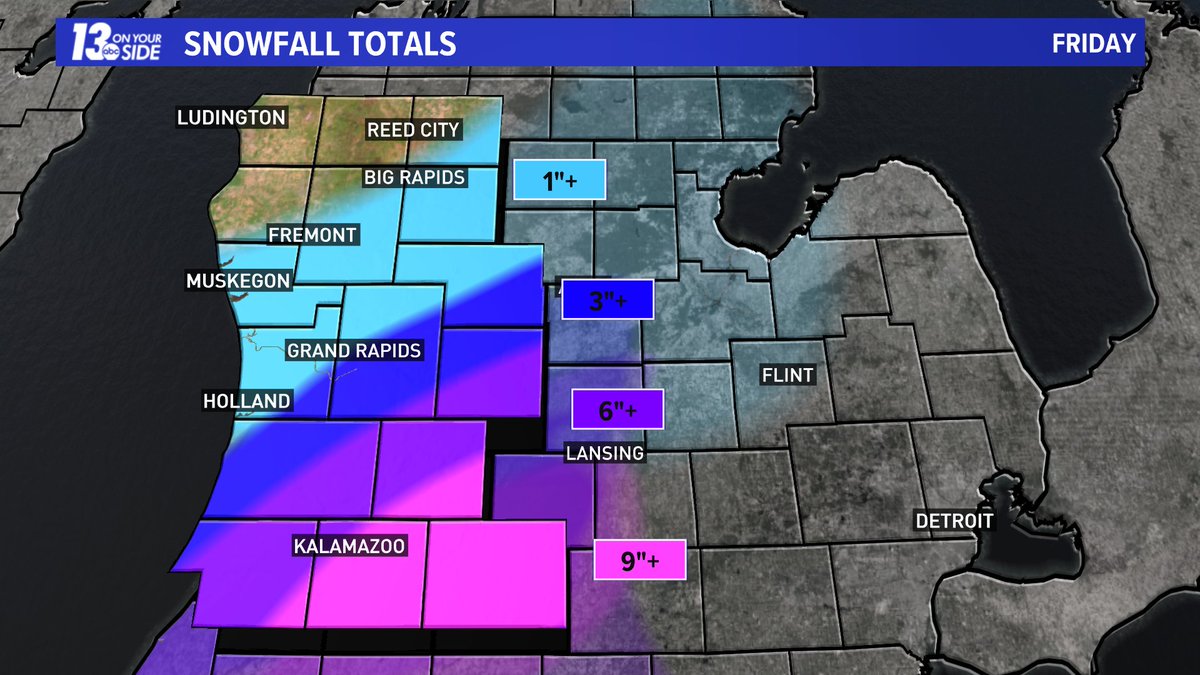 WXSamantha's tweet photo. Changes have been made to the forecast and some will see significant snow while others will see very low totals. ❄️

The system will arrive at I-94 around 4 pm and move into the I-96 area by 5 to 6 pm. It will pick up in intensity this evening and exit by 4 am. @wzzm13 https://t.co/HeNALqRDrN