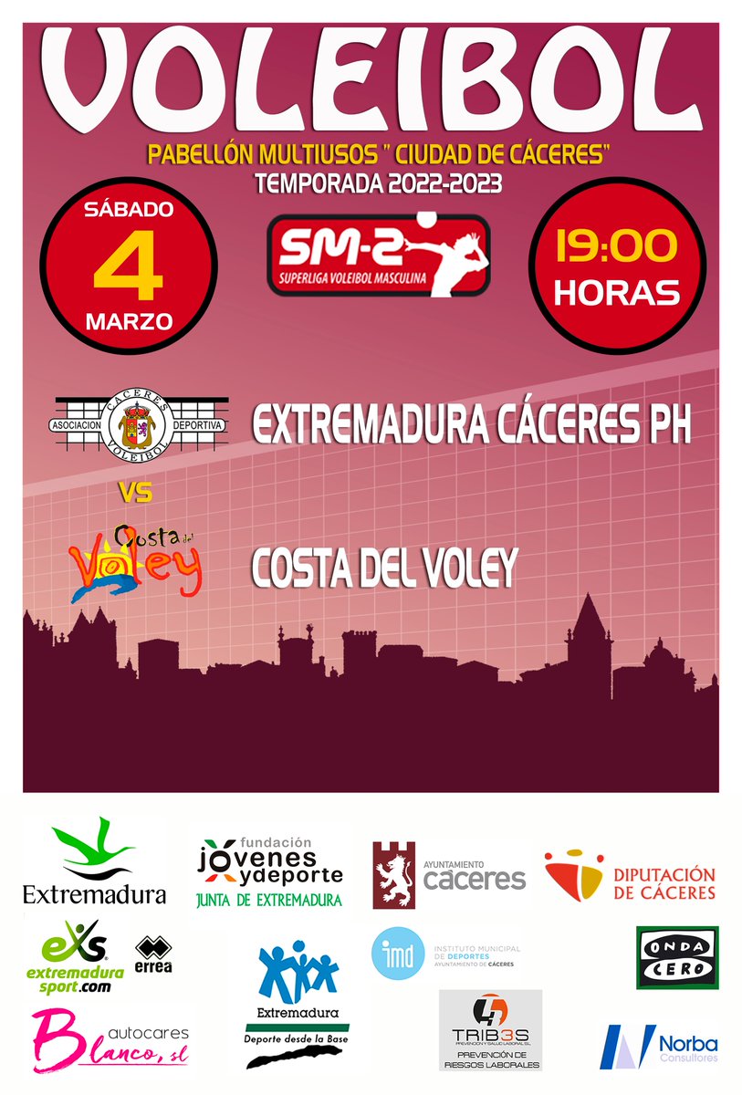 Mañana el Extremadura Cáceres Patrimonio de la Humanidad recibe a los malagueños de Costa del Voley. Os esperamos en el multiusos a las 19:00 horas.