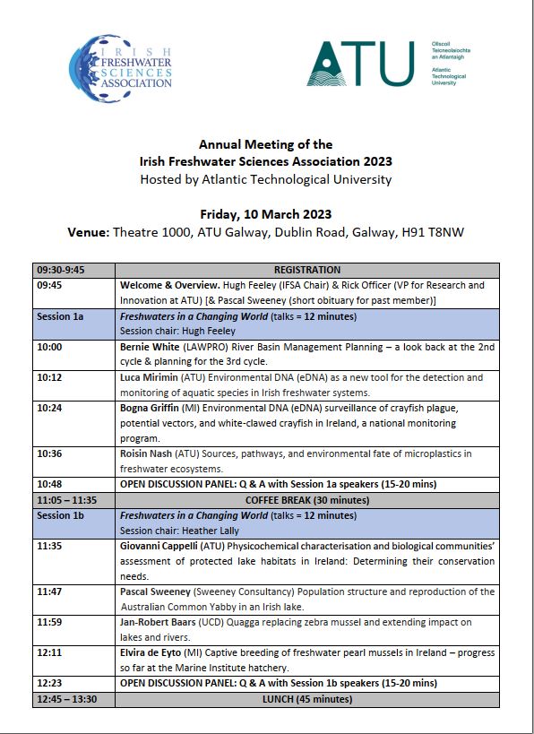 HBFeeley's tweet image. Join us at the @FreshwaterIE 2023 meeting @ATU_GalwayCity next Friday 10th. 

A bumper packed program covering everything freshwater science related in Ireland 

Registration &amp;amp; event details: shorturl.at/iAFO1