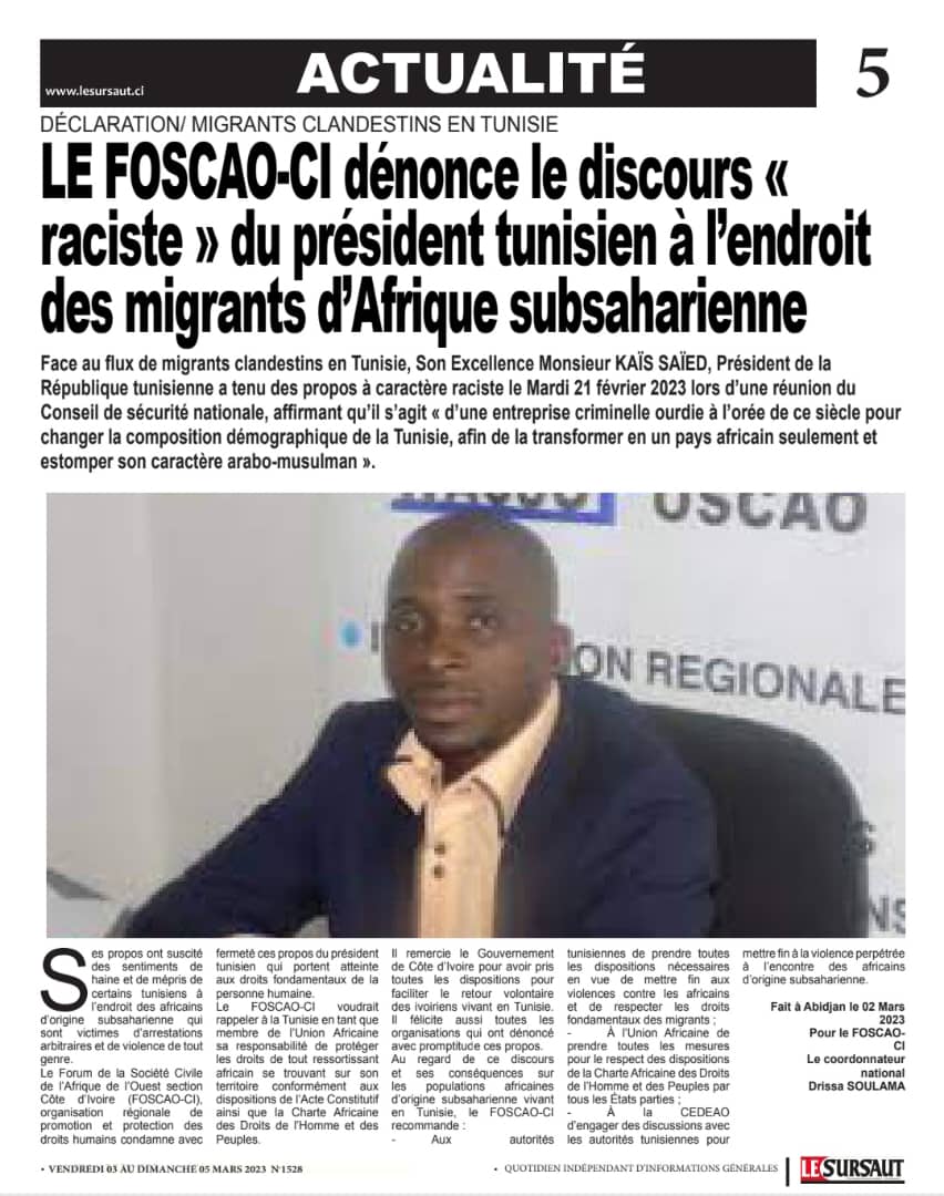 Le FOSCAO -CI dénoncé la situation en Tunisie.
