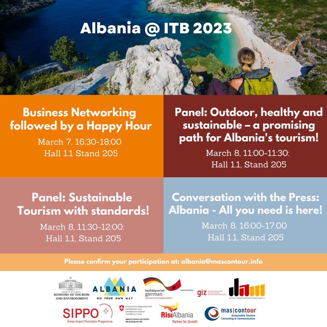 📍 Nën moton #AllYouNeedisHere, 🇦🇱 #Shqipëria do të përfaqësohet në #ITB2023 7-9 Mars, me aktivitete të shumta. Bëhuni pjesë e tij dhe mësoni më shumë rreth zhvillimeve më të fundit në sektorin e #turizmit shqiptar. 
#ZbuloningjyrateShqipërisë 🌈
#VisitAlbania ✈️
#SmileAlbania 🙂