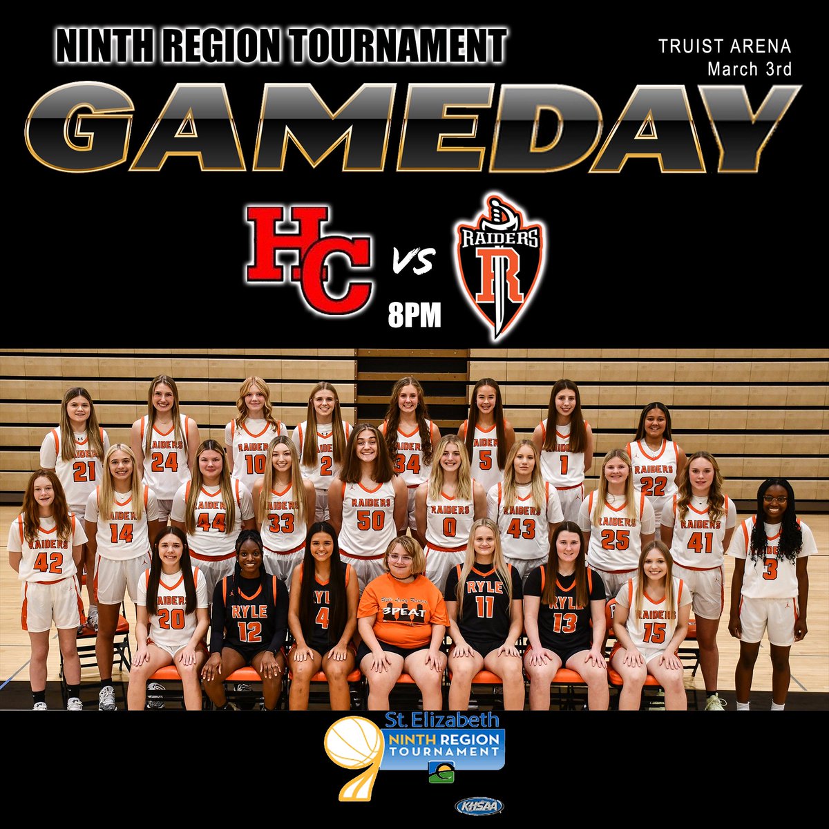 RAIDERSPORTSNKY's tweet photo. RAIDER NATION: get out tonight and support the LADY RAIDERS as they take on Holy Cross in the Ninth Region Tournament at Truist Arena at 8pm! https://t.co/rGifvf9snv