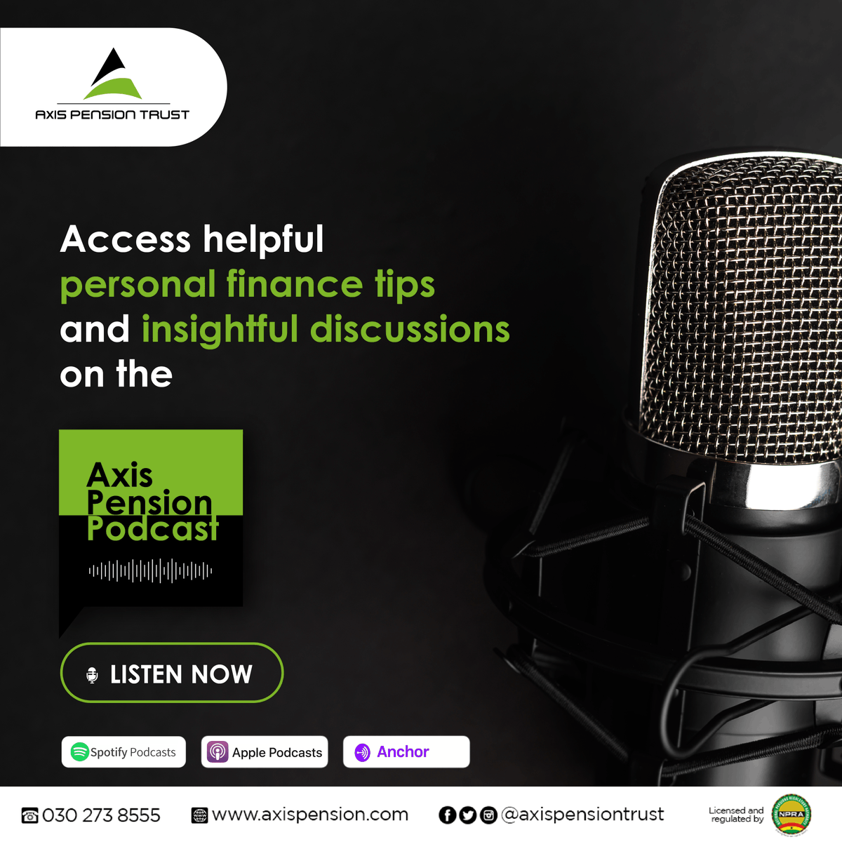 AXISPENSION's tweet image. Introducing...the Axis Pension Podcast, your go-to source for expert advice and insights on personal finance-related topics. Tune in and you will be inspired to achieve financial peace of mind. Click the link to listen

linktr.ee/axispension

#RetireInStyle #Ghana #APPodcast