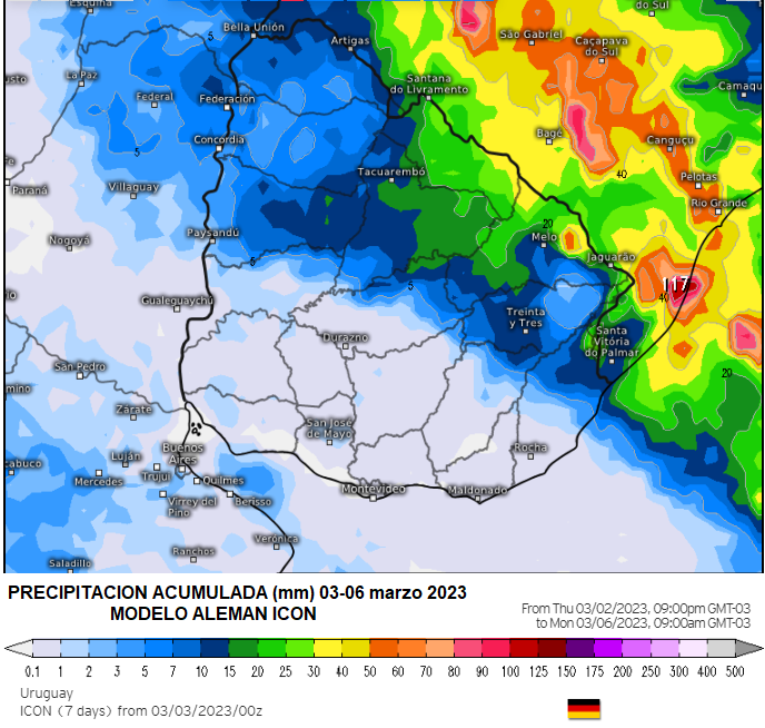 #Lluvias previstas durante el finde, según modelo ICON (#DWD) sobre #Uruguay. Se esperan lluvias en el Este y NE del País con acumulados de hasta 40 mm sobre Rivera, Cerro Largo y Tacuarembó. El litoral oeste, T. y Tres y Rocha podrían recibir un máximo de 10 mm según este modelo
