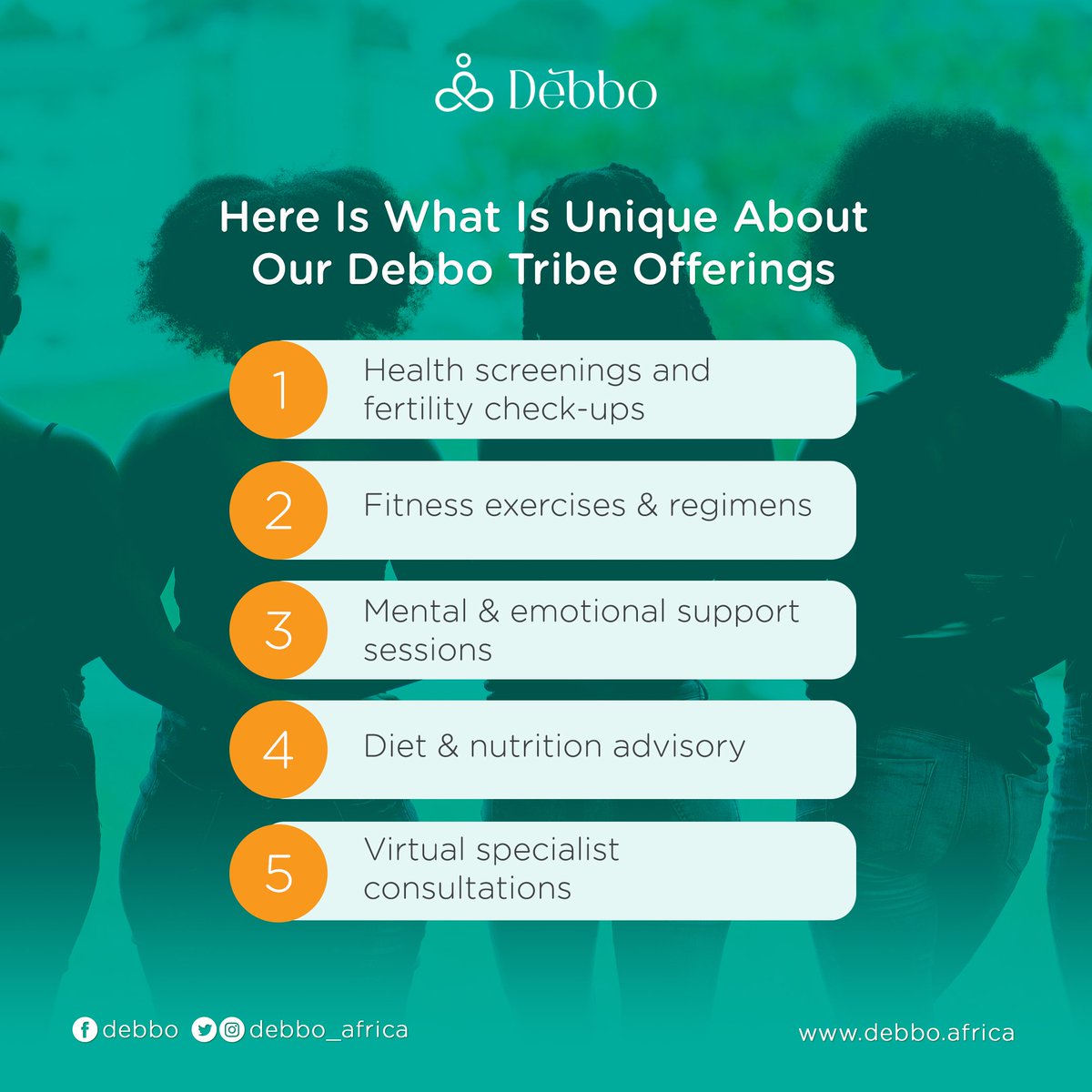 As an esteemed member of the Debbo Tribe, you have exclusive discounted access to our premium services.

Contact us on 09130076332 or at info@debbo.africa to join the debbo tribe today!

#health #womenshealth #consultation #fitness #mentalhealth #dietandnutrition #debboafrica