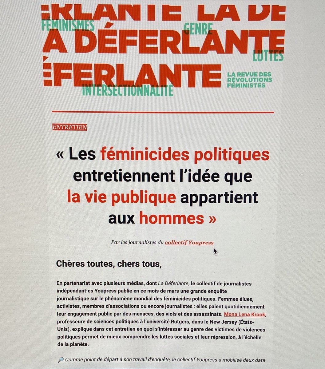 FemmesAabattre's tweet photo. 🔥Les #FéminicidesPolitiques dans la newsletter de la @deferlanterevue avec une interview de la chercheuse et autrice Mona Lena Krook. Et la semaine prochaine vous pourrez lire nos premières enquêtes chez @Mediapart. On vous en dit plus dans notre newsletter de lundi! #FAA https://t.co/z0r6ukdLDm