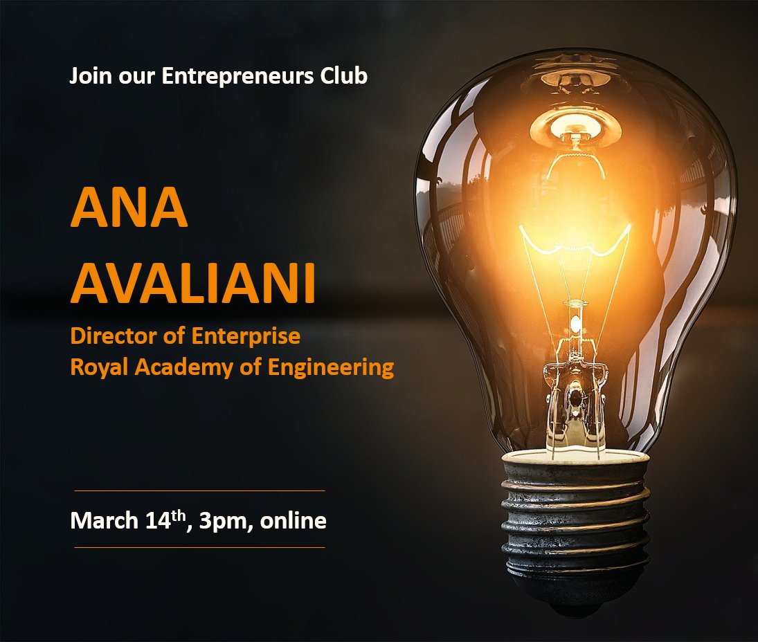 Do you want to know the steps from Academia to Entrepreneurship? How to transform your innovation into a disruptive spinout🚀?

Ask Ana Avaliani from the RAEng all these questions in our next Entrepreneurs Club. We can't wait.

🗓️14/02/23, 3pm
To join email a.klockner@qmul.ac.uk