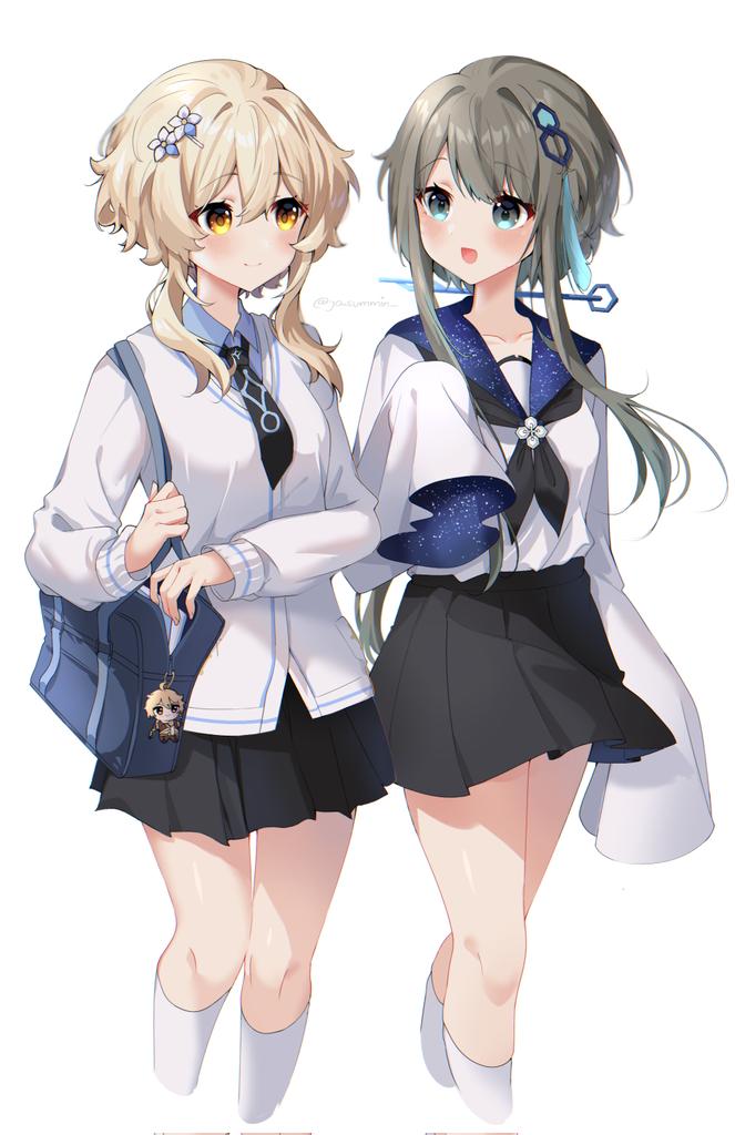lumine (genshin impact) multiple girls 2girls skirt school uniform bag short hair with long locks blonde hair  illustration images