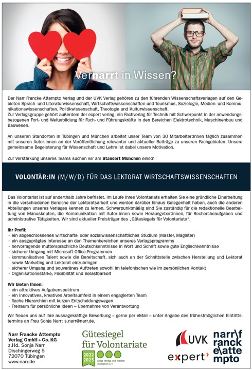 Buchbranche in München sucht:

VOLONTÄR:IN (M/W/D) FÜR DAS LEKTORAT WIRTSCHAFTSWISSENSCHAFTEN