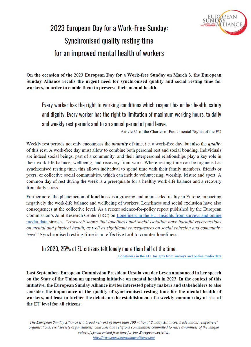 SundayAlliance's tweet photo. Today, on the occasion of the 2023 European Day for a #WorkFreeSunday, the European Sunday Alliance recalls the urgent need for synchronised quality and social resting time for workers, in order to enable them to preserve their mental health. https://t.co/AbXQXaERa9