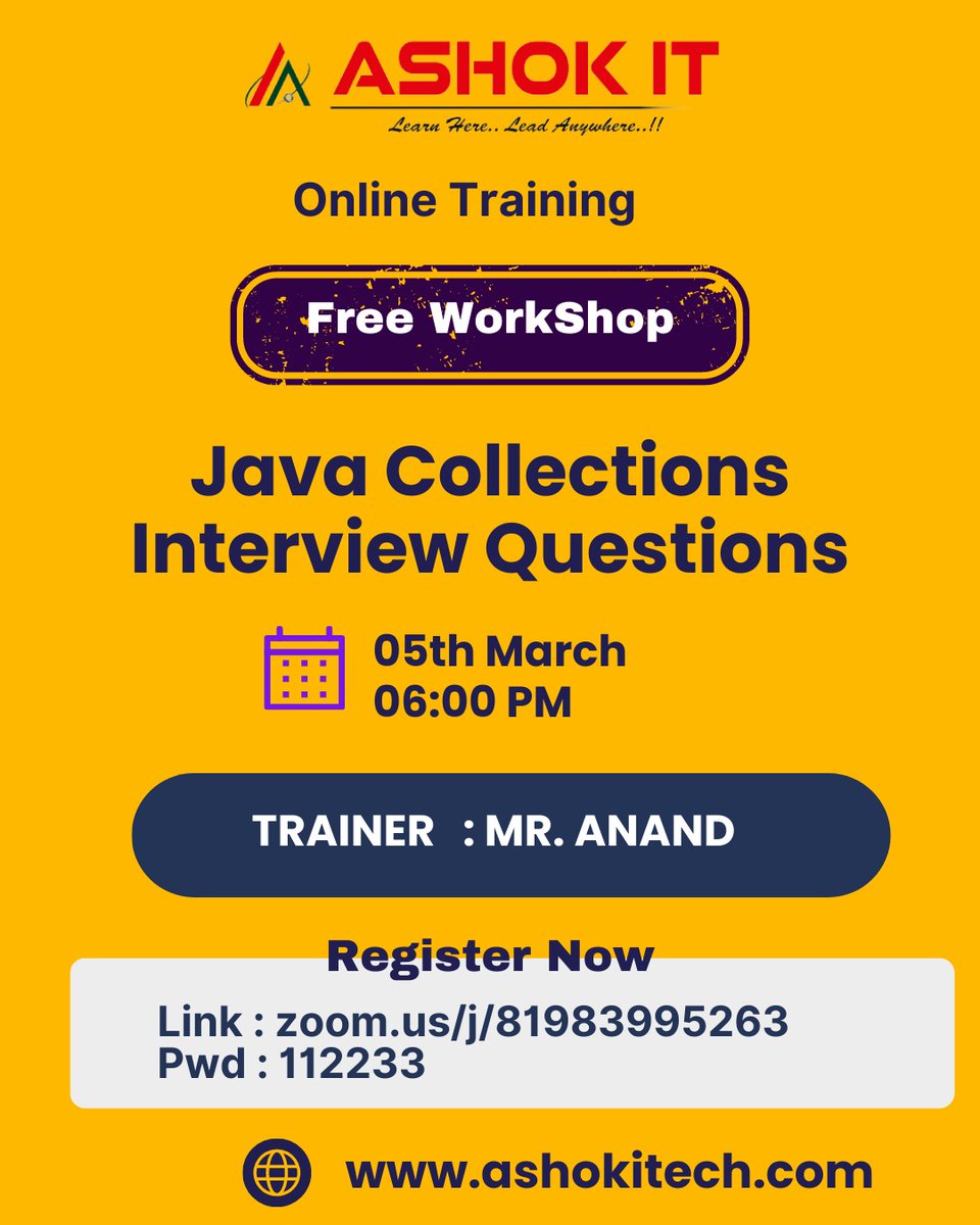 ashokitschool's tweet image. 🛑 Free Workshop 🛑
✍️ Enroll Now : bit.ly/3EROX6c
👉 Workshop On 05th-Mar @ 06:00 PM IST
🌐 Visit : ashokitech.com
CALL NOW: +919985396677
#javinterviewquestions #javacollections #workshop #coding
#freeworkshop #onlineworkshop #workshoponjava