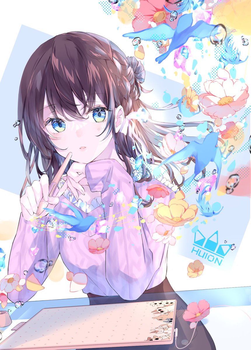 1girl flower solo brown hair blue eyes shirt holding  illustration images