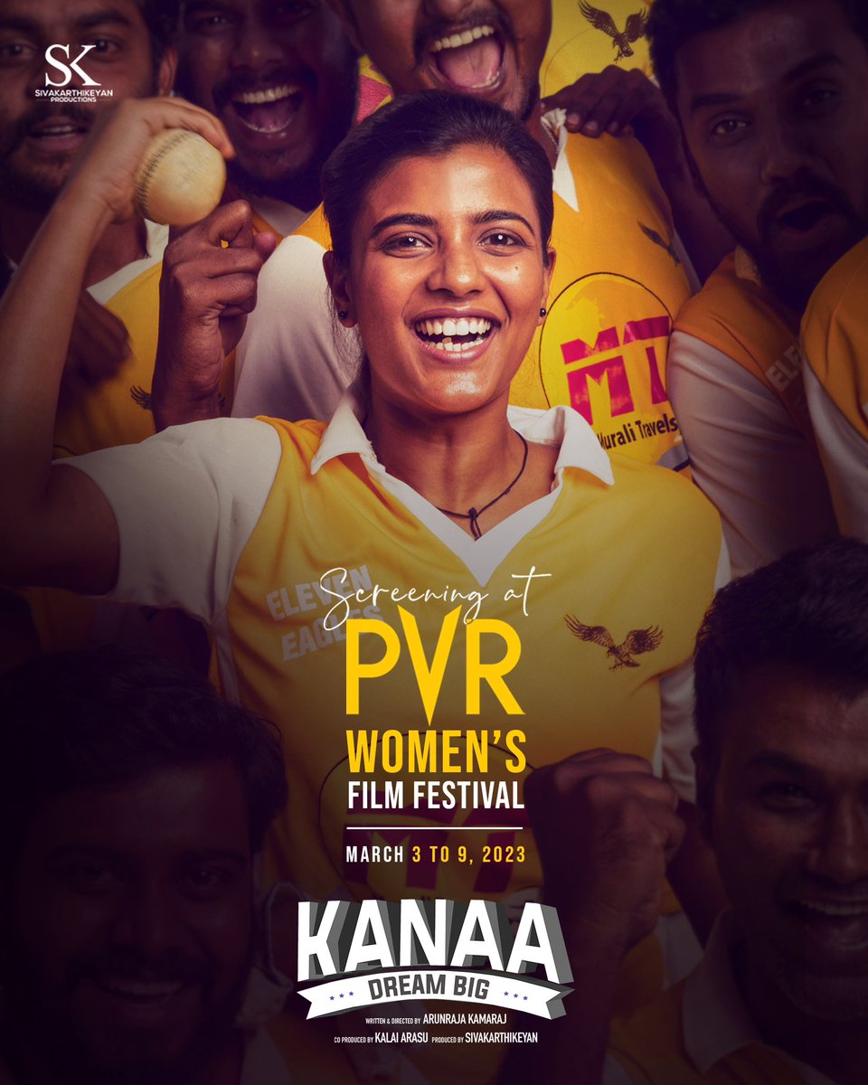 Our #Kanaa has been screened at <a href="/_PVRCinemas/">P V R C i n e m a s</a> for their WOMEN'S FILM Festival from March 3 to 9, 2023. ICYMI do catch it on the big screen 😇

<a href="/Siva_Kartikeyan/">Sivakarthikeyan</a> | <a href="/KalaiArasu_/">Kalai Arasu</a> | <a href="/SKProdOffl/">Sivakarthikeyan Productions</a> | <a href="/Arunrajakamaraj/">Arunraja Kamaraj</a> | #Sathyaraj  <a href="/Darshan_Offl/">Darshan</a> | <a href="/dhibuofficial/">DHIBU NINAN THOMAS</a> | <a href="/dineshkrishnanb/">Dinesh krishnan DOP</a> |