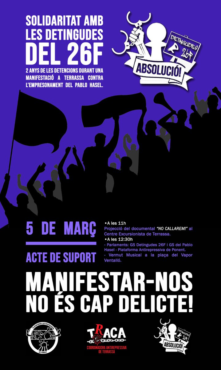 PassosLlargs's tweet photo. Cap de setmana intens d'activitats autogestionades antirepressives,feministes,musico-culturals a #Terrassa
Div 3M
Concentració @ErikAbsolucio davant ajuntament i acte de @RudesRebels al @Kasalet
Dissabte 4M
#Vermutsical al #Kasalet
Diumenge 5M
Acte @detinguts26fTRS al @ceterrassa https://t.co/fDivYtaXBs