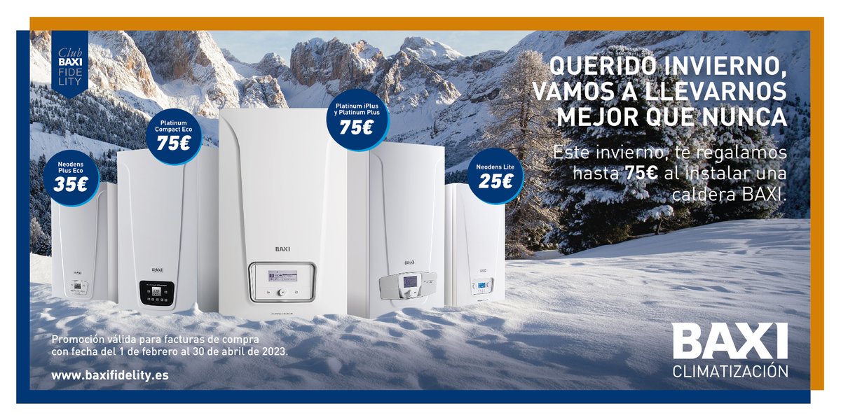BAXI_ES's tweet photo. Invierno 🤝 BAXI

Hemos hecho las paces con el invierno y hemos llegado a un trato que te va a encantar: ¡consigue un reembolso por cada factura de calderas BAXI que subas a #BAXIFidelity!

Participa ahora 👉 https://t.co/JGhmKjpyVJ 

📆 Válido hasta el 30 de abril https://t.co/fgE8H98c5W