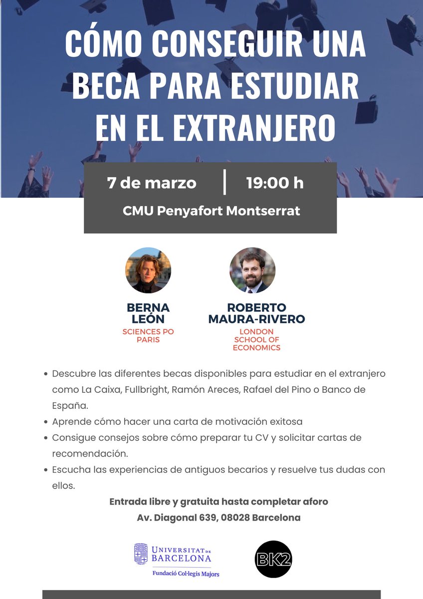 Tras dos años haciendo talleres online, organizamos nuestro primer evento presencial sobre cómo conseguir becas!

🗣️ <a href="/berna_leon/">Berna León</a> y Roberto-Rafael Maura, becarios de La Caixa

📍 Barcelona
🗓️ martes 7 de marzo, 19h

Asegura tu sitio gratis en este enlace:

eventbrite.co.uk/e/entradas-com…